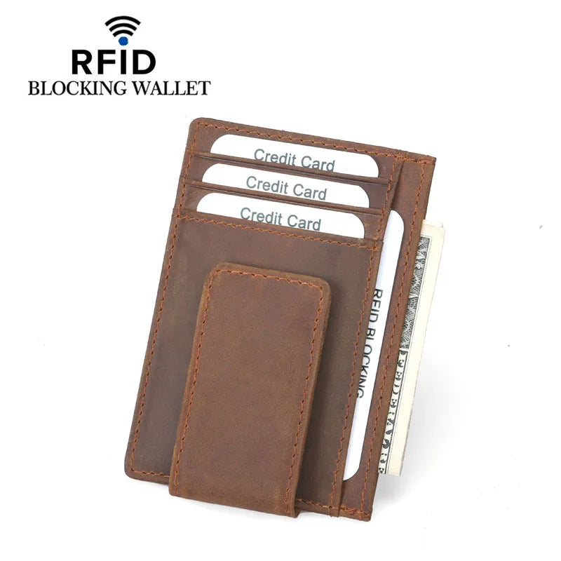 A brown leather wallet with slots for credit cards and an RFID blocking technology.
