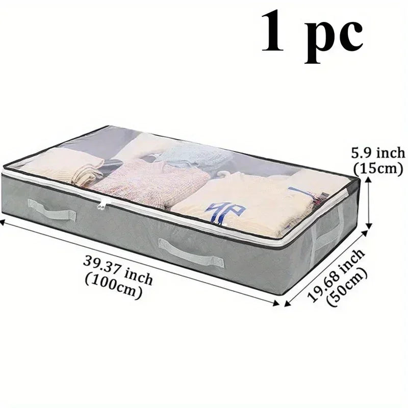 A rectangular dustproof under bed storage box with reinforced handles shown in a side view.