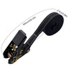 Black heavy duty ratchet tie-down straps with a 2.5cm/0.98in length shown coiled on a strap.