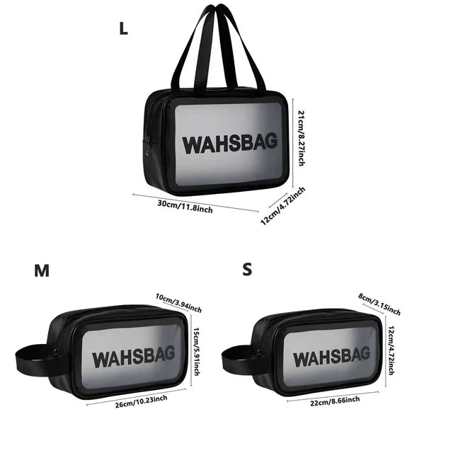 Three sizes of clear waterproof toiletry bags labeled L, M, and S shown with dimensions.