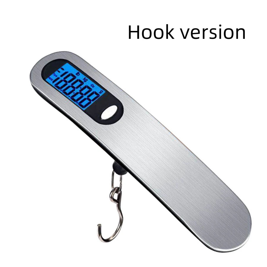 A silver hook version of a portable digital luggage scale displaying 100.00 kg.