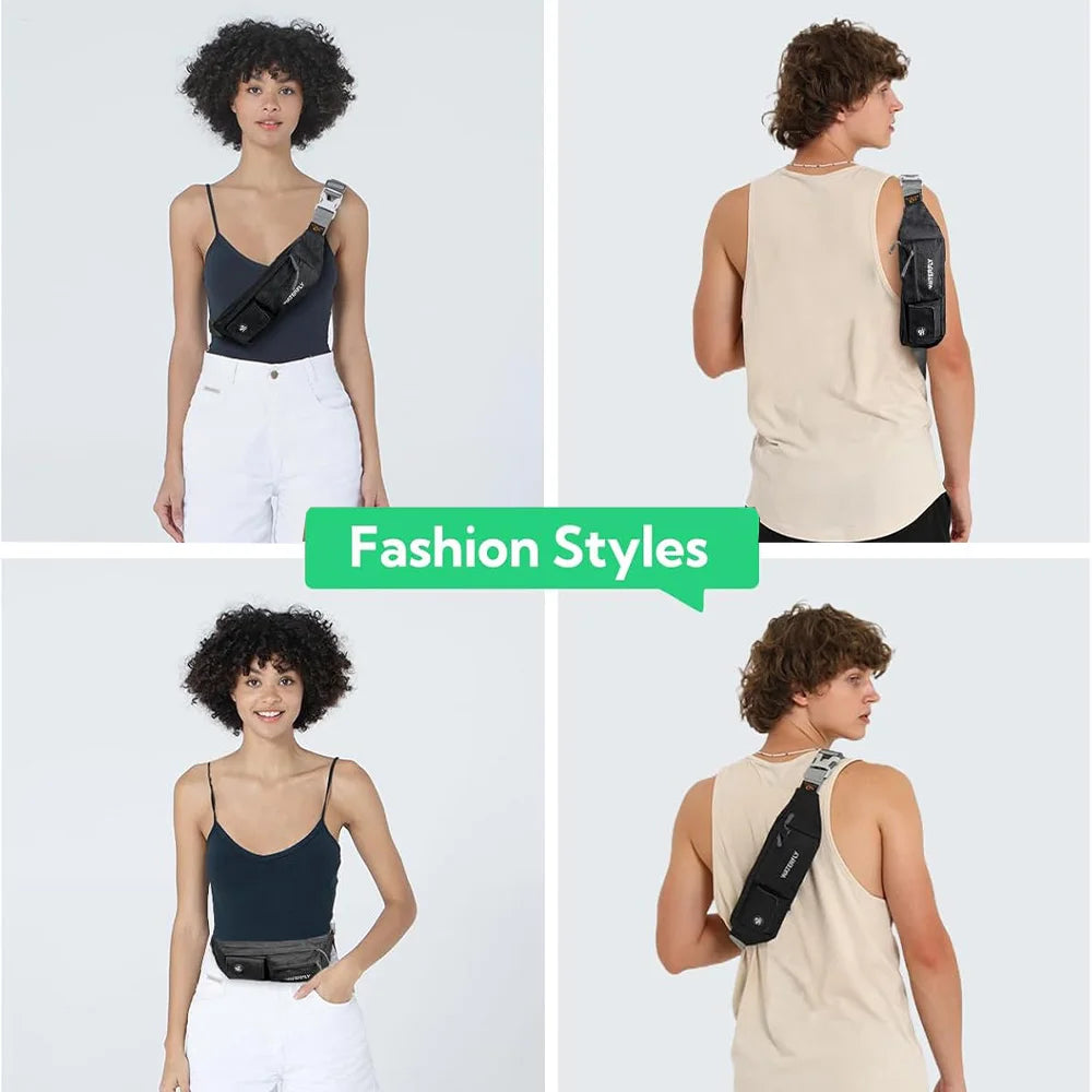 A collage showing various fashion styles featuring a black multi-pocket waist bag worn with different tops and pants.