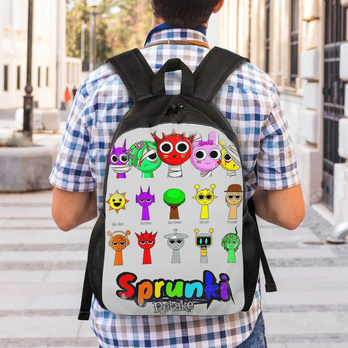 A person wearing a plaid shirt is carrying a black backpack featuring colorful Sprunki pets.
