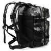 A black tactical backpack with a camouflage pattern and MOLLE webbing.