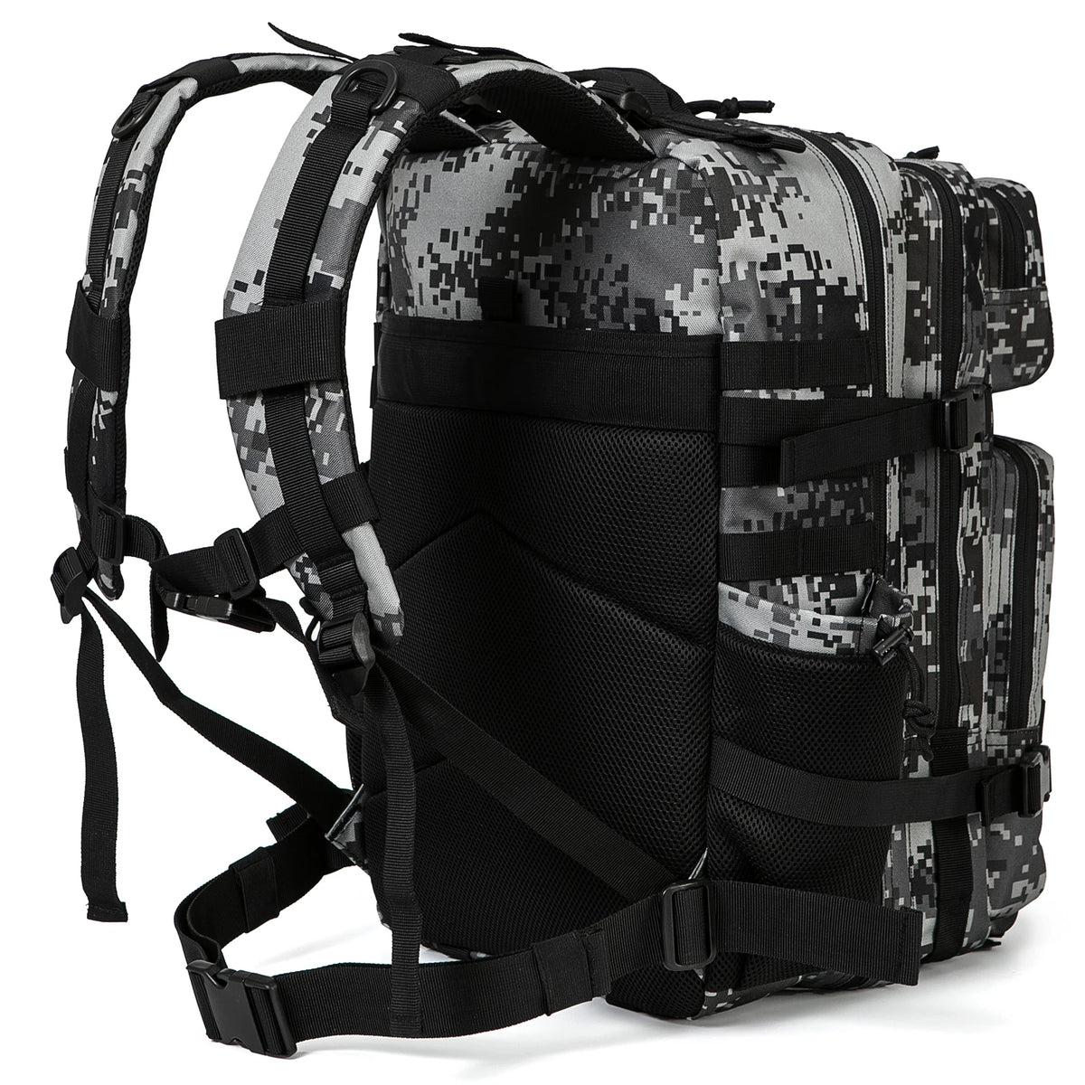 A black tactical backpack with a camouflage pattern and MOLLE webbing.