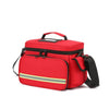 A red durable waterproof emergency trauma bag with black straps and a yellow stripe detail.