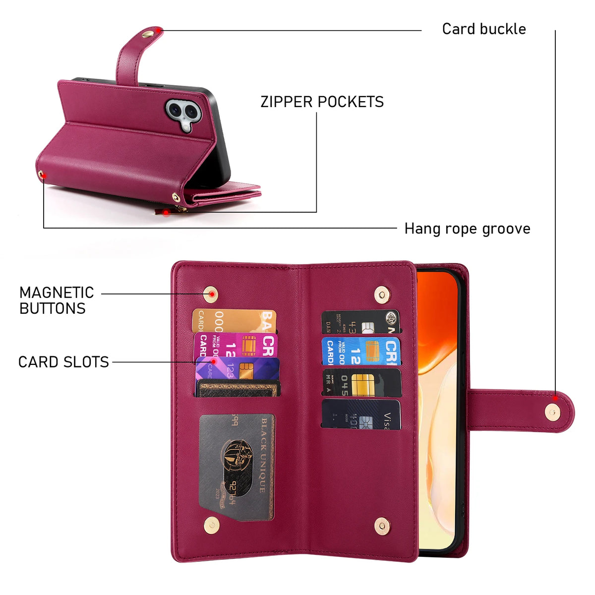 A maroon leather crossbody phone case with zipper pockets and card slots shown open next to an iPhone.