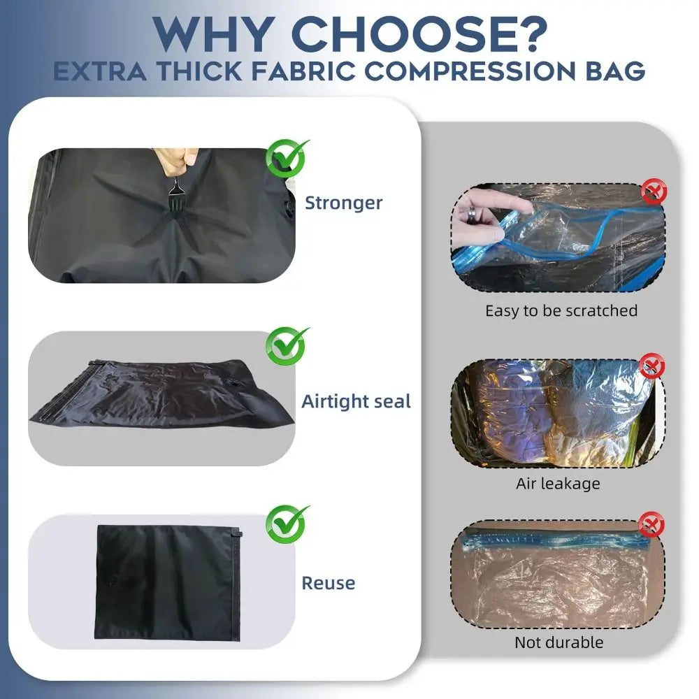 A comparison showing the features of an extra thick fabric compression bag including strength, airtight seal, and reusability