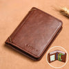 A brown luxury PU leather men's wallet lying on a tan surface.
