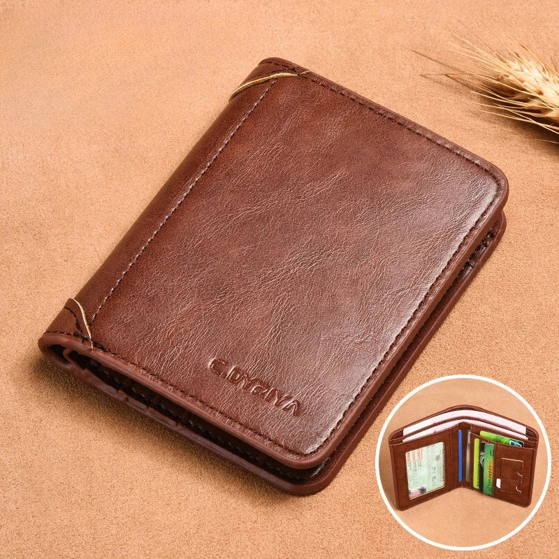 A brown luxury PU leather men's wallet lying on a tan surface.