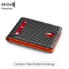 A black wallet with an orange leather trim and a carbon fiber pattern, featuring an ID window.