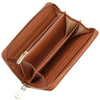 A brown genuine leather zipper wallet shown open, displaying the interior and stitching.