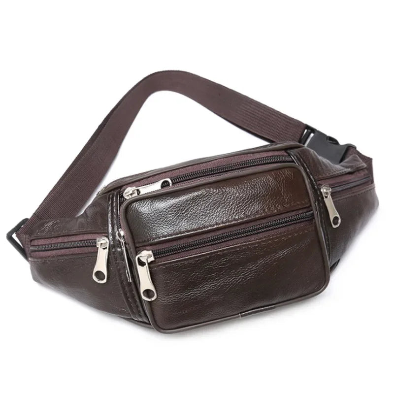 A dark brown men's PU leather waist pack with an adjustable strap.