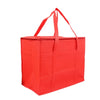 A bright red foldable insulated grocery and food cooler bag with carrying straps.