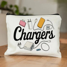 A white zippered pouch filled with various electronic chargers and cables.