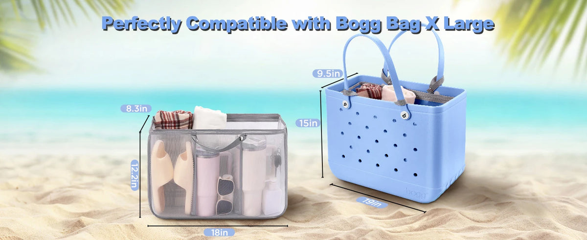 A light blue mesh organizer insert for a large tote bag, shown next to a measuring tape on a sandy beach.