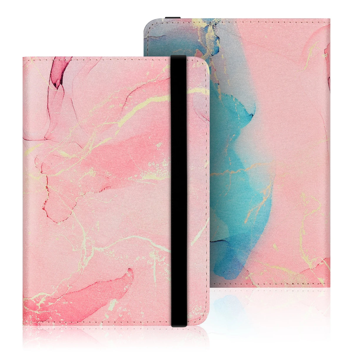 A pink watercolor-style e-book cover with gold accents and a black protective strap.