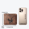 A beige men's embossed PU leather slim wallet shown next to its dimensions and weight.