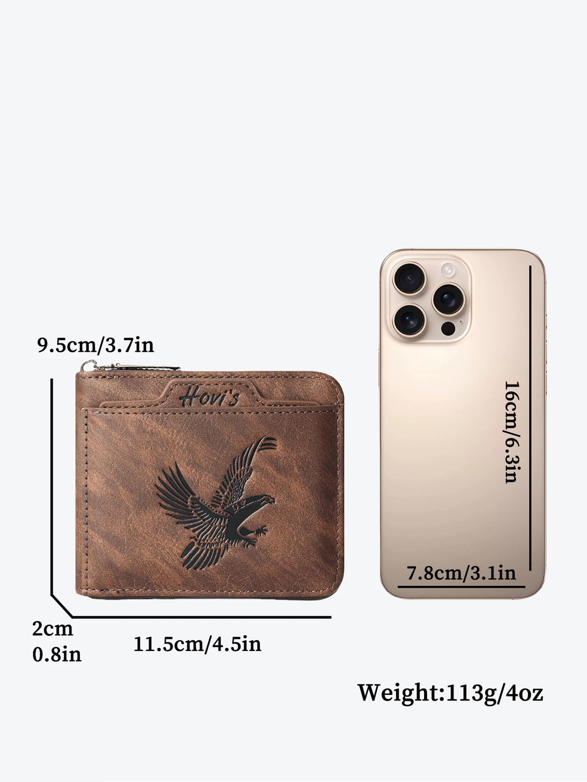 A beige men's embossed PU leather slim wallet shown next to its dimensions and weight.