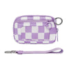 A lavender checkered wallet with a clear plastic window and a leather strap.