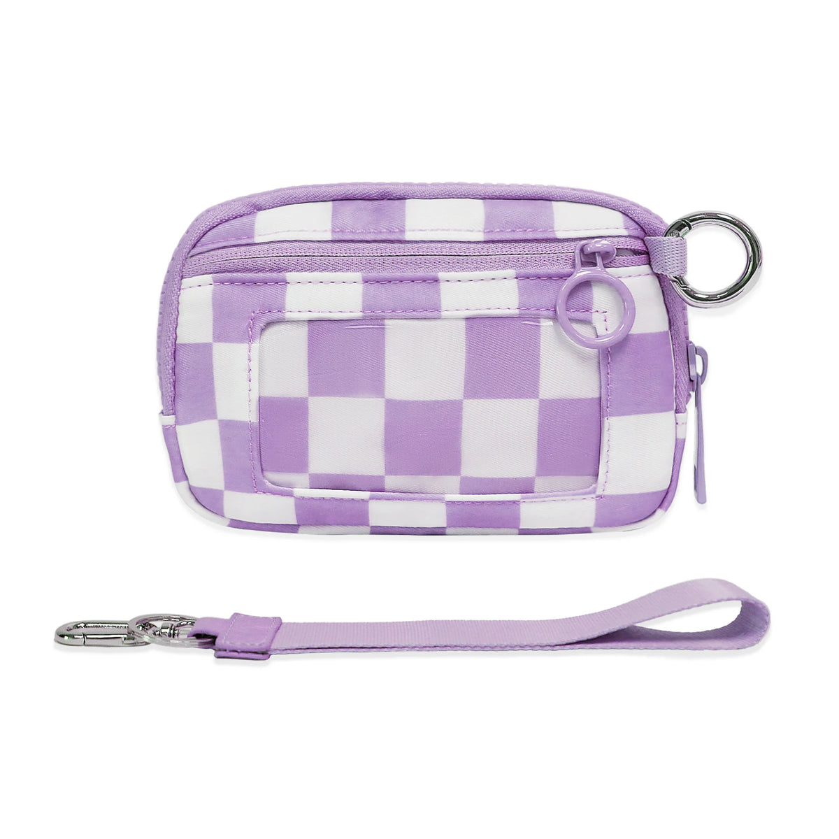 A lavender checkered wallet with a clear plastic window and a leather strap.