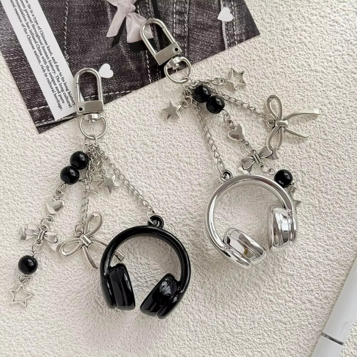 Silver and black music headphone keychain and phone strap with charms