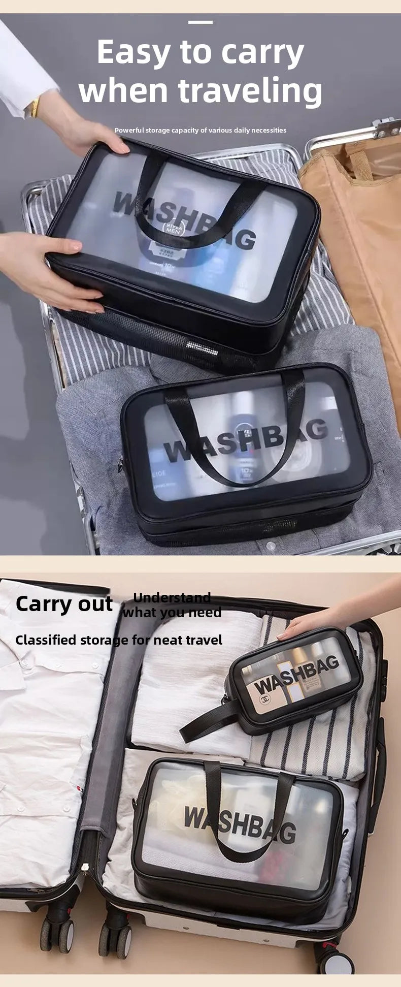 A black double-layer clear and dry wash bag is shown being carried in a hand and placed inside a travel suitcase.