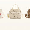 Three insulated lunch bags in cream and brown floral patterns displayed side by side.