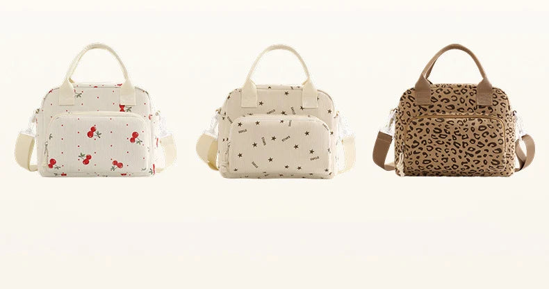 Three insulated lunch bags in cream and brown floral patterns displayed side by side.