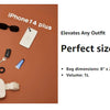 An iPhone 14 Plus is shown alongside various small accessories and an ivory fleece crossbody belt bag on a brown surface.