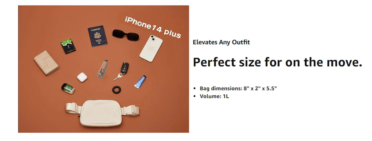 An iPhone 14 Plus is shown alongside various small accessories and an ivory fleece crossbody belt bag on a brown surface.
