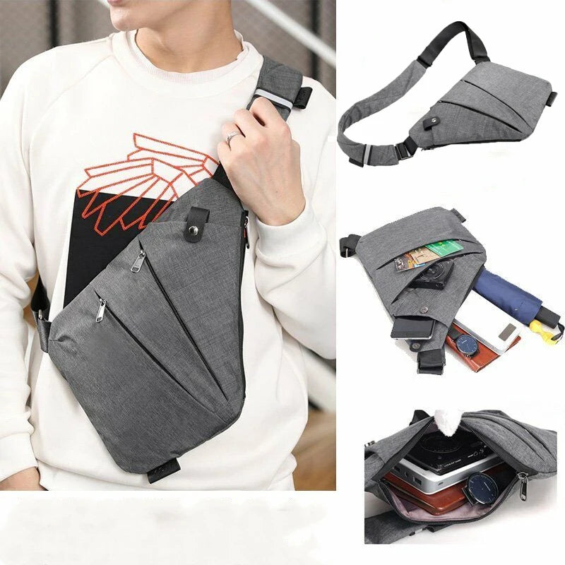 A gray anti-theft crossbody chest bag shown being worn by a man, with multiple views of the product.