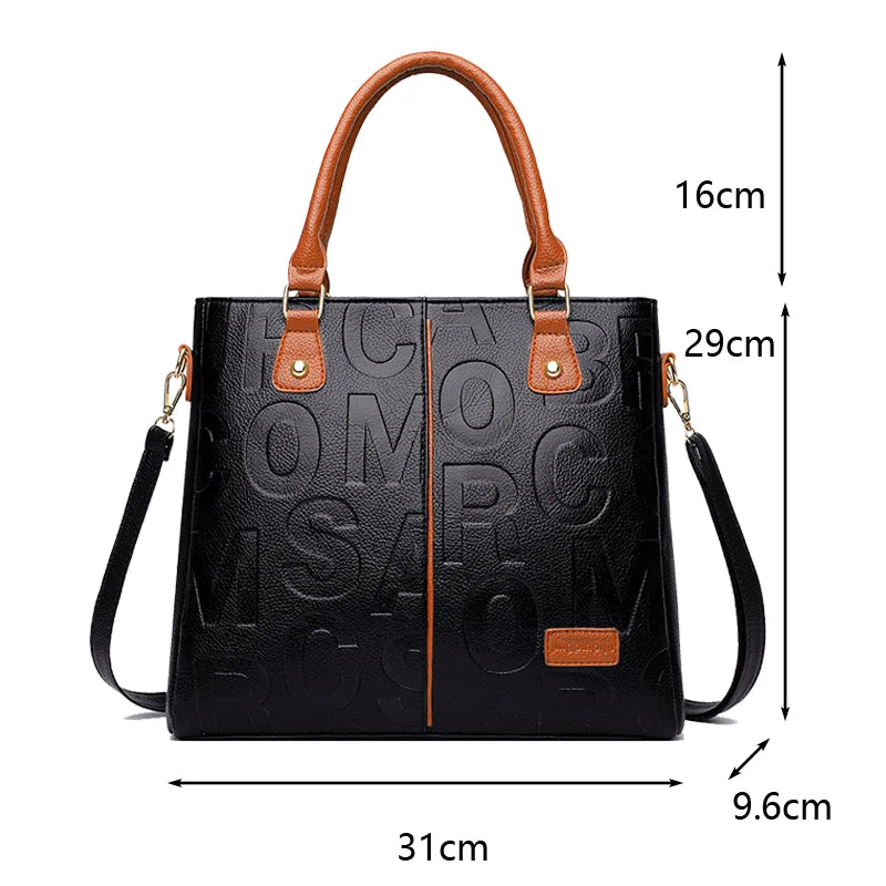 Sac bandoulière en cuir PU noir avec une poignée marron et des garnitures en cuir