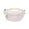 A light pink anti-theft waist pack with a beige strap and white cord is shown from above.