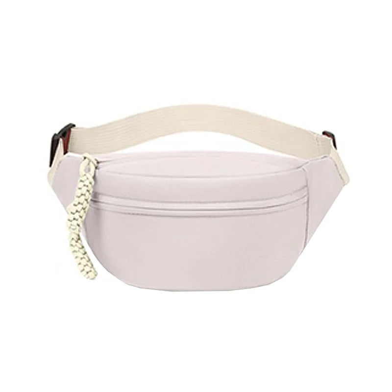 A light pink anti-theft waist pack with a beige strap and white cord is shown from above.