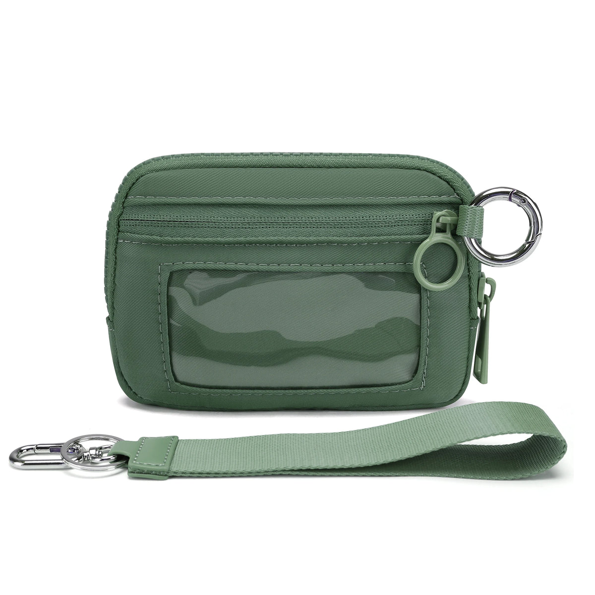 A dark olive green checkered wallet with a clear ID window and a strap.