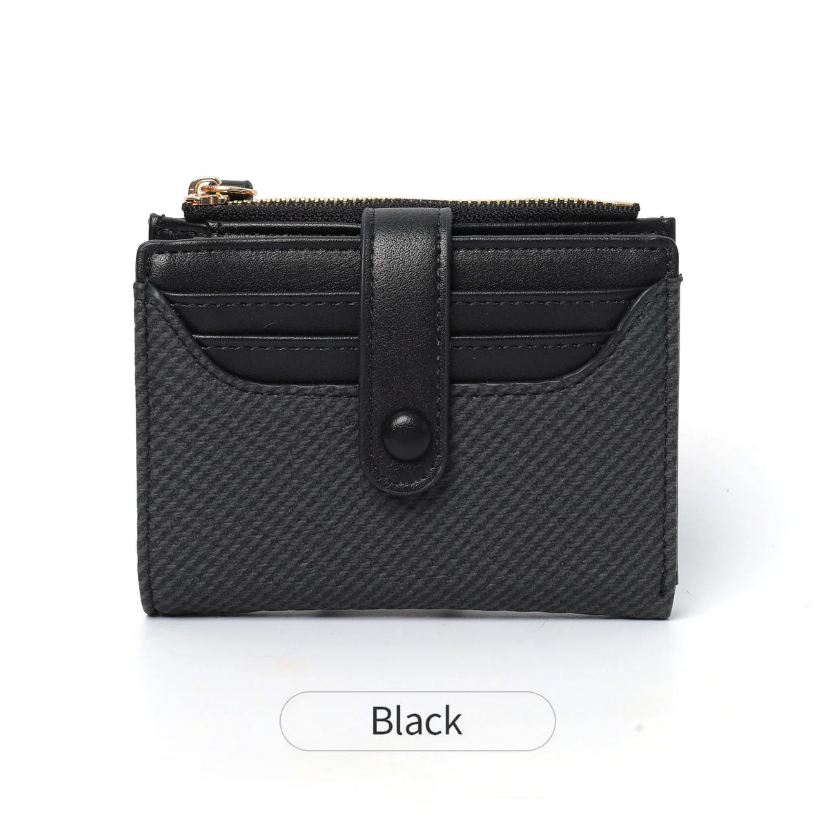 Black premium PU leather bi-fold wallet with a zippered closure and leather trim.