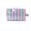 A light blue and pink striped waterproof cosmetic bag with a zipper, shown against a white background.