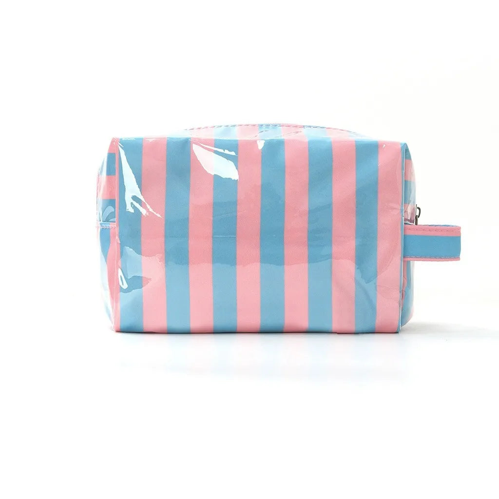 A light blue and pink striped waterproof cosmetic bag with a zipper, shown against a white background.