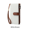 A white leather trifold clutch wallet with brown leather accents and a zipper.