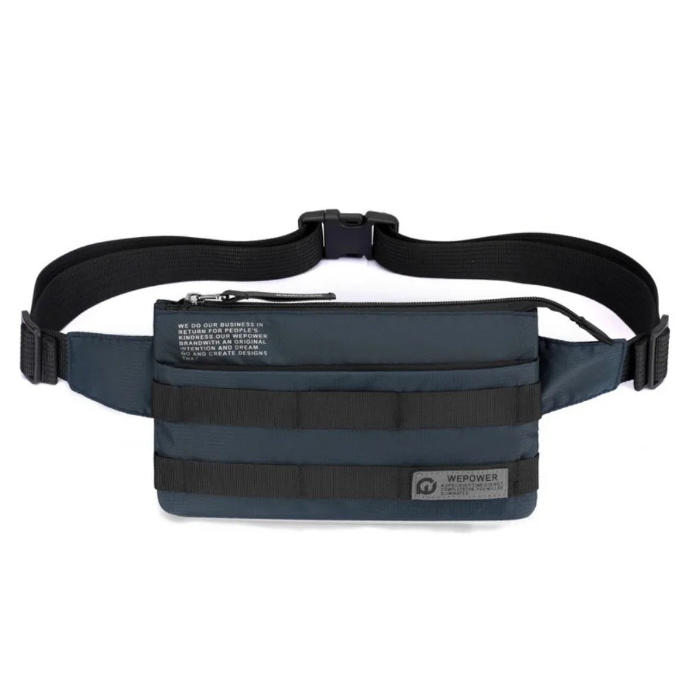 A dark blue multifunctional chest bag with black straps and a buckle.
