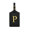 Black PU leather luggage tag with a gold letter P and a metal loop for attachment.