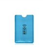 A light blue anti-RFID blocking card holder is shown against a white background.