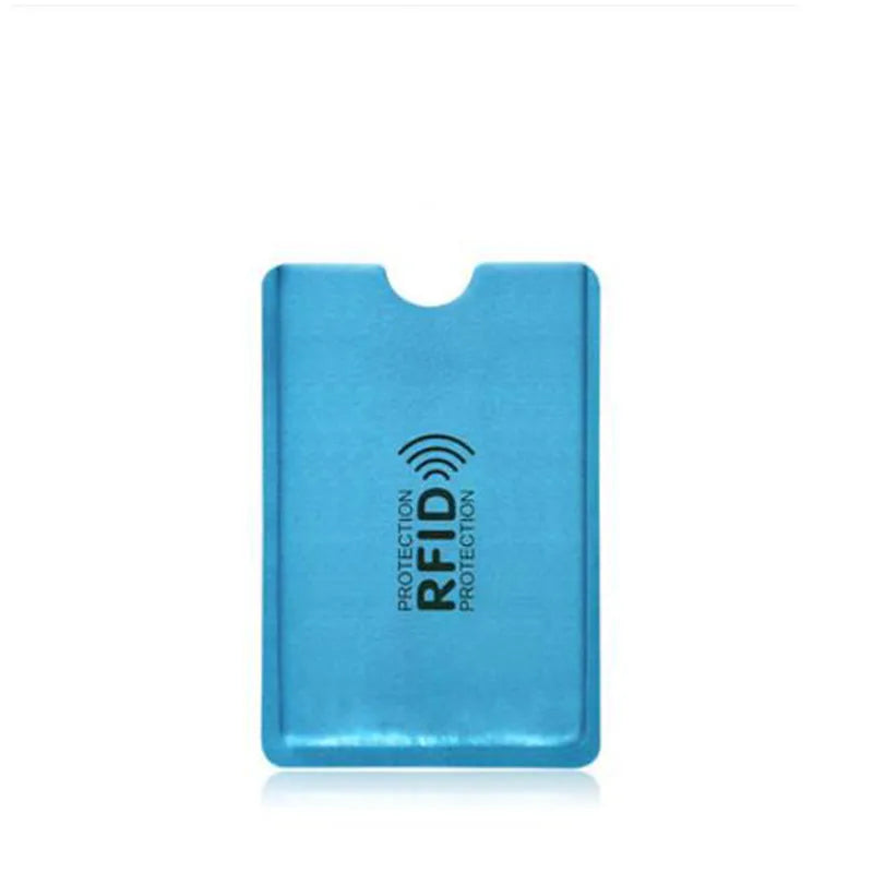 A light blue anti-RFID blocking card holder is shown against a white background.