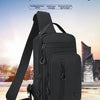 A black multi-layered men's chest bag is shown against a city skyline background.
