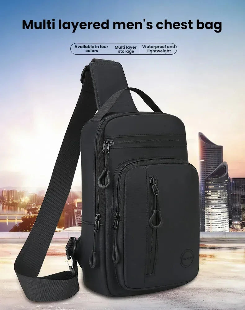 A black multi-layered men's chest bag is shown against a city skyline background.