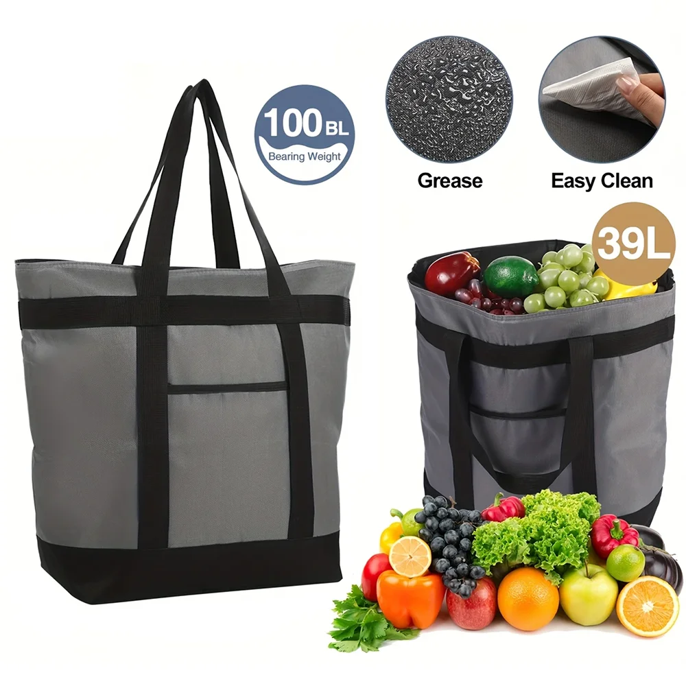 A gray and black heavy-duty insulated cooler bag is shown next to various fruits and vegetables, highlighting its grease-resi