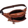 Sac à taille brun en cuir véritable pour homme avec sangle, vue de dessus.
