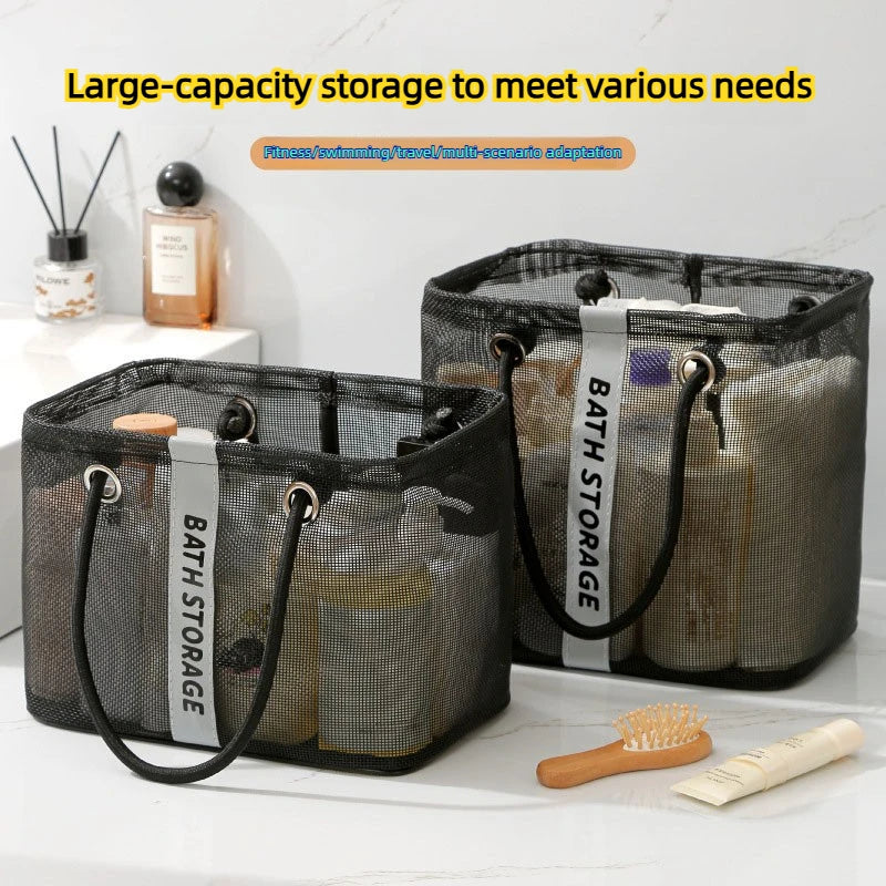 Bolsas de almacenamiento de malla negra con asas para organizar artículos de baño y ducha