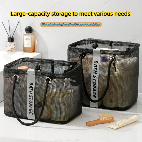 Black mesh storage bags with handles for organizing bath and shower items